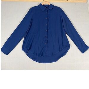 Navy Blue Long‎ Sleeve Button Down Blouse High Low Hem XL